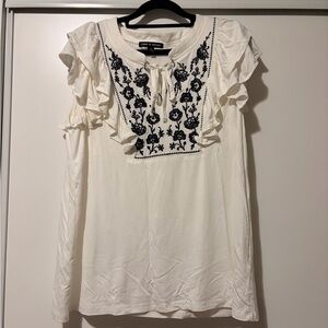 Cable & Gauge Ivory Top with Black Floral Embroidered Design